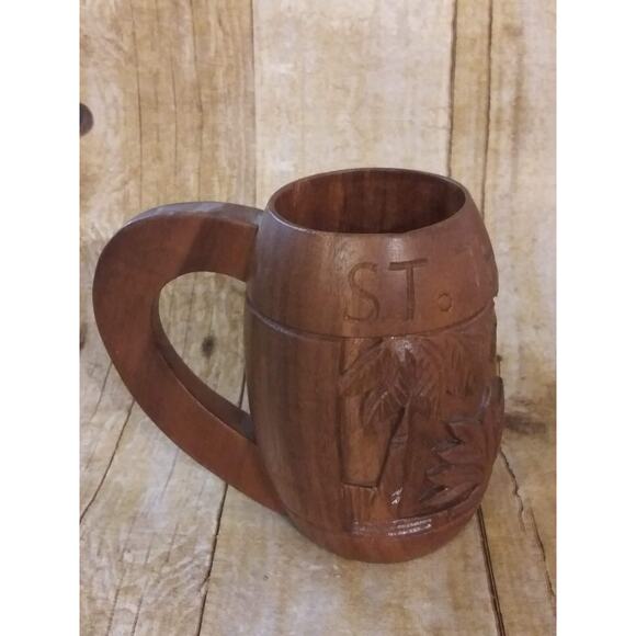 St. Thomas Carved Wooden Mug Vintage Island Souvenir Palm Trees Wood Mug (shelf) - Picture 3 of 8